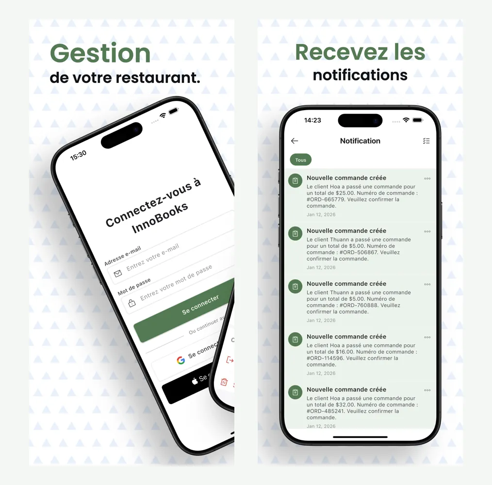 Application de gestion InnoBooks : connexion et notifications de nouvelles commandes