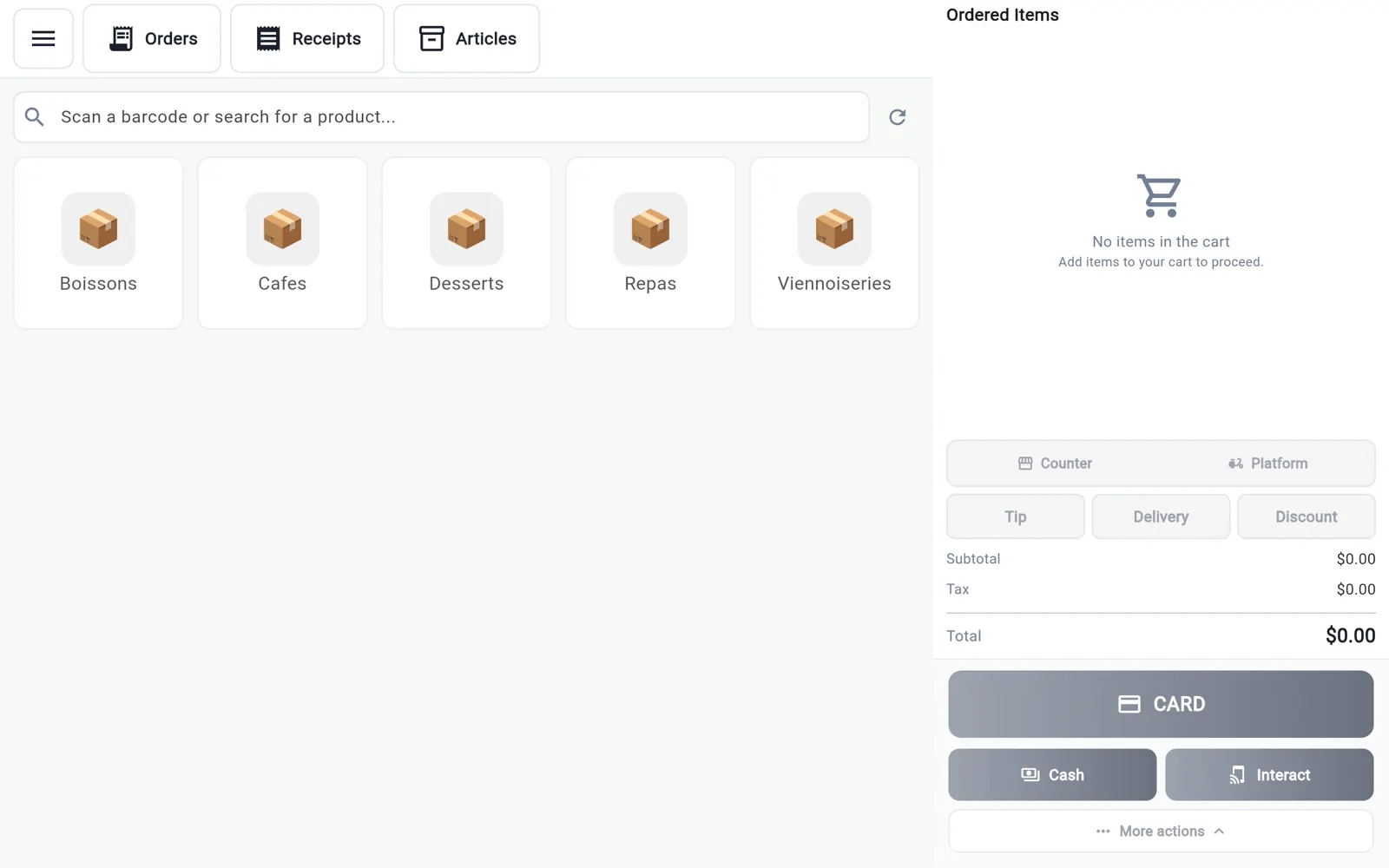 InnoBooks point-of-sale home screen: item categories and cart