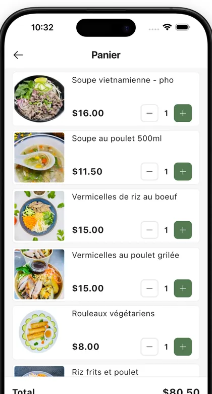 Écran du panier dans l'application SOS Bouffe